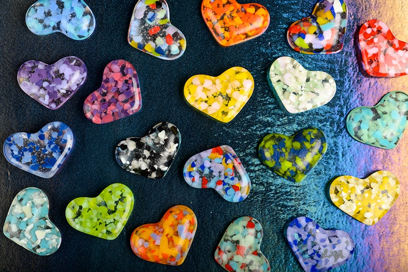 colorful cast glass hearts